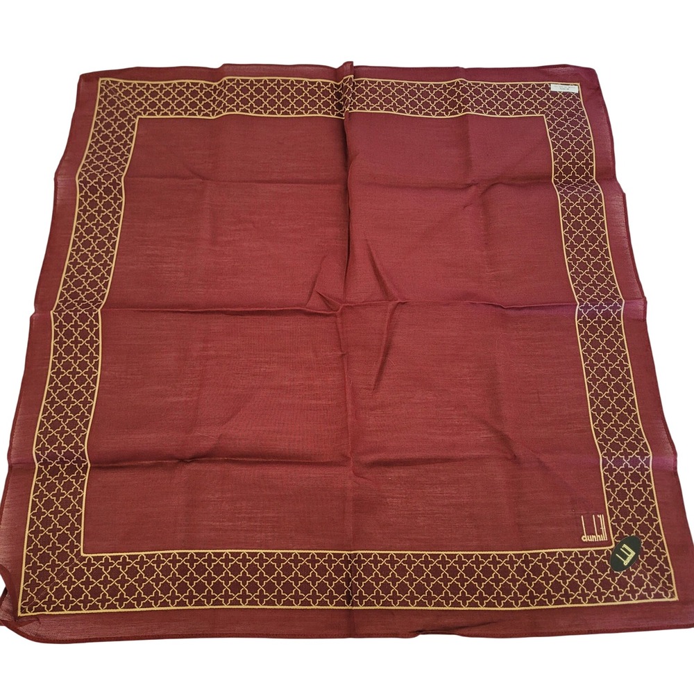 Dunhill London Handkerchief Burgundy Red Gold Lattice 100% Cotton Pocket Square